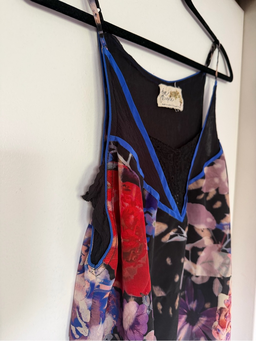 Free People Black Floral Slip Dress with Blue Trim and Red Accents
